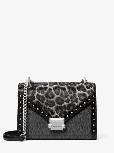 Michael Kors Outlet Whitney Medium Signature Logo And Leopard Print Calf Hair Shoulder Bag In Black