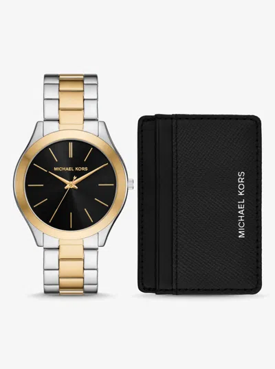 Michael Kors Oversized Aspyn Two-tone Watch And Leather Card Case Gift Set In Silver