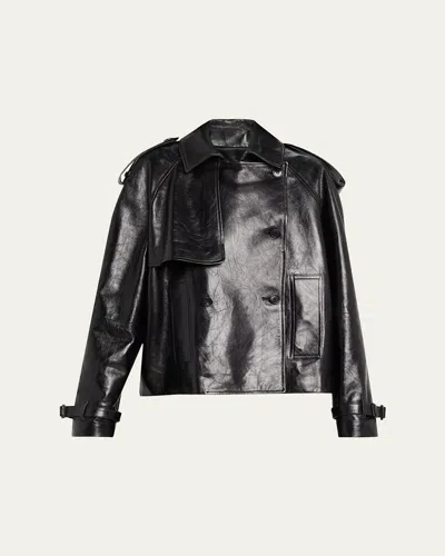 Michael Kors Oversized Cropped Leather Trench Coat In Black