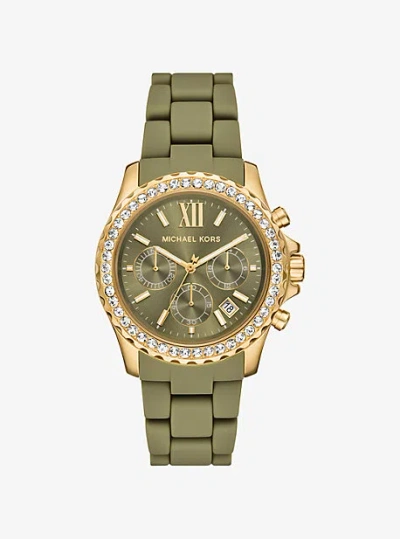 Michael Kors Oversized Everest Pavé Gold-tone And Silicone Watch In Green