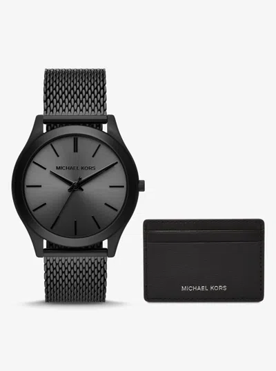 Michael Kors Oversized Slim Runway Black-tone Watch And Card Case Gift Set