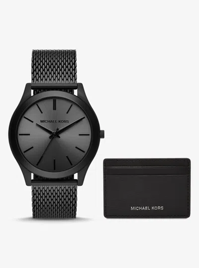 Michael Kors Oversized Slim Runway Black-tone Watch And Card Case Gift Set In Metallic