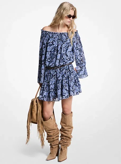 Michael Kors Paisley Georgette Off-the-shoulder Dress In Blue