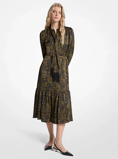 Michael Kors Paisley Print Satin Tie-neck Midi Dress In Black