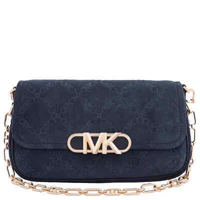 Pre-owned Michael Kors Parker Empire Logo Embossed Suede Shoulder Bag 30f3g7pc2s-406 In Navy