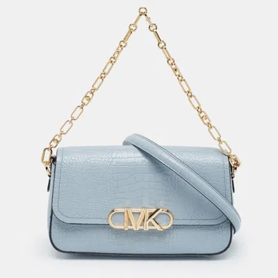 Pre-owned Michael Kors Parker Medium Pale Blue Croc Embossed Leather Shoulder Bag