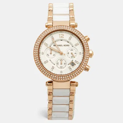 Pre-owned Michael Kors Parker Mk5774 White Dial Gold Tone Stainless Steel Acetate Women's Wristwatch 39 Mm