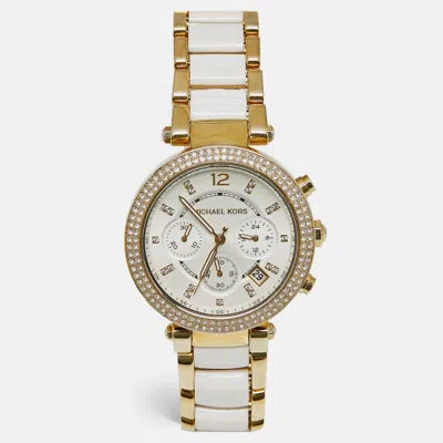 Pre-owned Michael Kors Parker Mk6119 White Dial Gold Plated Stainless Steel Acetate Women's Wristwatch 39 Mm