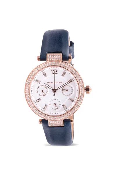 Michael Kors Parker Multifunction Navy Leather Ladies Watch In Gold