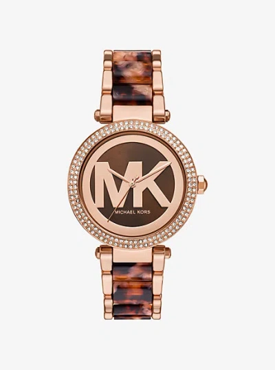 Michael Kors Parker Pavé Rose Gold-tone And Acetate Watch In Red