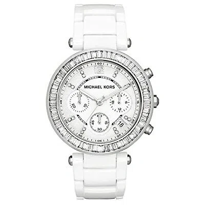 Pre-owned Michael Kors Parker Women Watch Mk5848 White Ceramic 40mm Chrono Baguette Glitz
