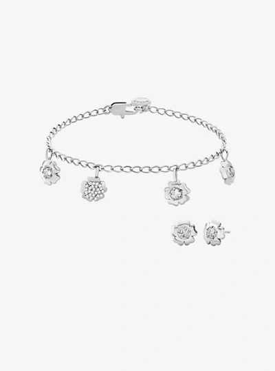 Michael Kors Pavé Flower Charm Bracelet And Stud Earrings Jewelry Set In Metallic
