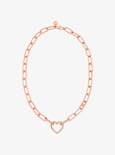 Michael Kors Pavé Heart Curb-link Necklace In Rose Gold
