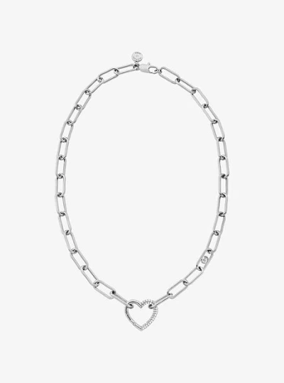 Michael Kors Pavé Heart Curb-link Necklace In Silver