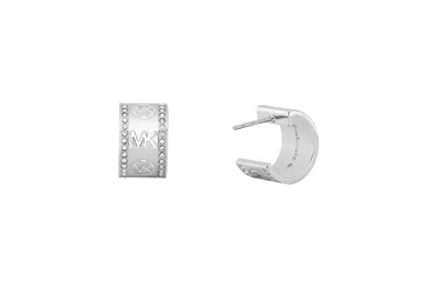 Michael Kors Pave Logo Hoop Earrings In Silver