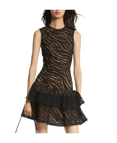 Michael Kors Perforated Ruffled Sleeveless Dress In Black