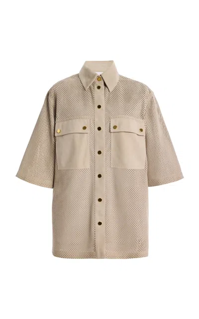 Michael Kors Perforated Suede Camp Shirt In Neutral