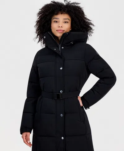 Michael Kors Petite Belted Hooded Puffer Coat In Black