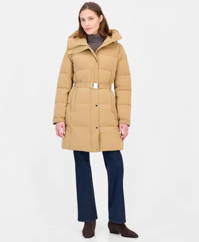Michael Kors Petite Belted Hooded Puffer Coat In Brown