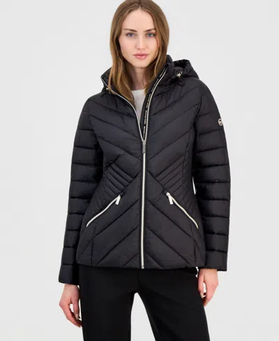 Michael Kors Petite Hooded Packable Puffer Coat, Created For Macy's In Black