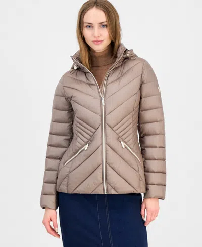 Michael Kors Petite Hooded Packable Puffer Coat, Created For Macy's In Taupe