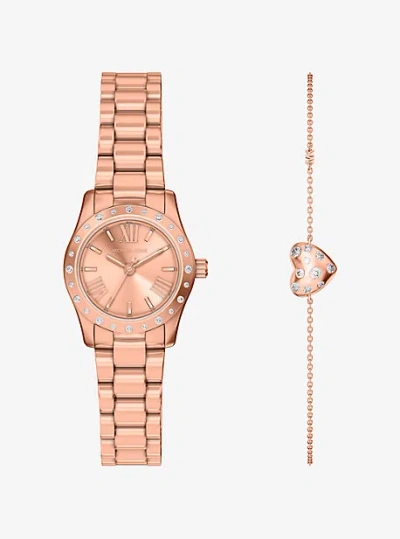 Michael Kors Petite Lexington Pavé Rose Gold-tone Watch And Heart Bracelet Gift Set
