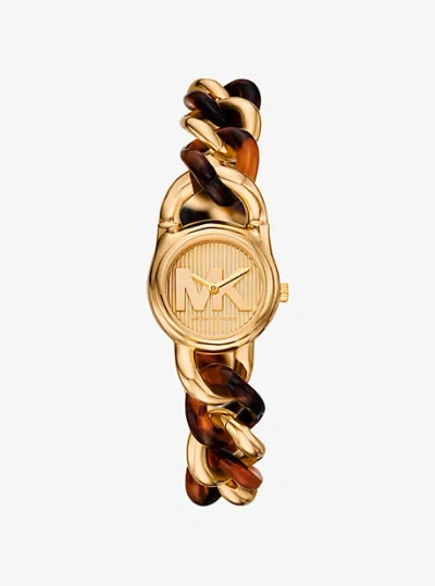 Michael Kors Petite Lock Gold-tone And Tortoiseshell Acetate Chain Watch In Brown