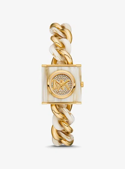 Michael Kors Petite Lock Pavé Gold-tone And Acetate Chain Watch In Natural