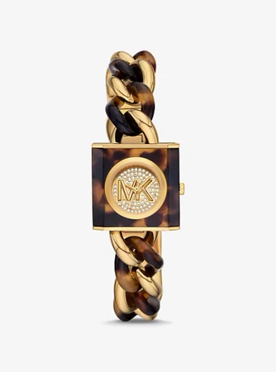 Michael Kors Petite Lock Pavé Gold-tone And Tortoiseshell Acetate Chain Watch In Brown