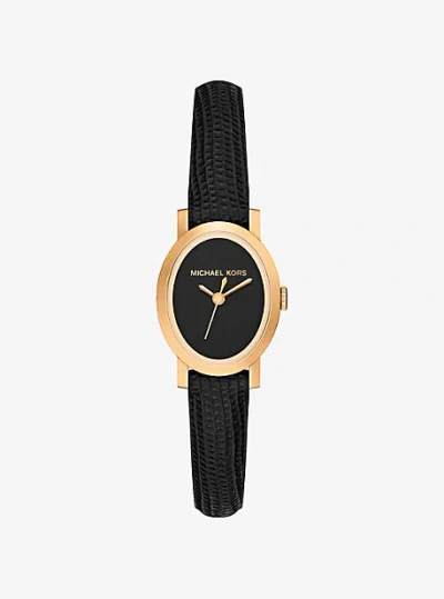 Michael Kors Petite Maude Gold-tone And Lizard Embossed Leather Watch In Black