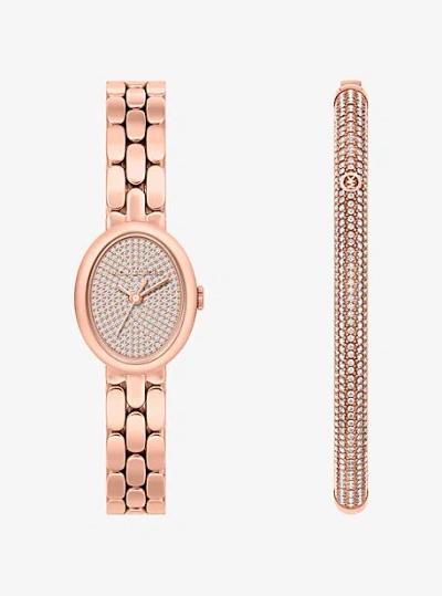 Michael Kors Petite Maude Rose Gold-tone Watch And Pavé Bangle Jewelry Gift Set