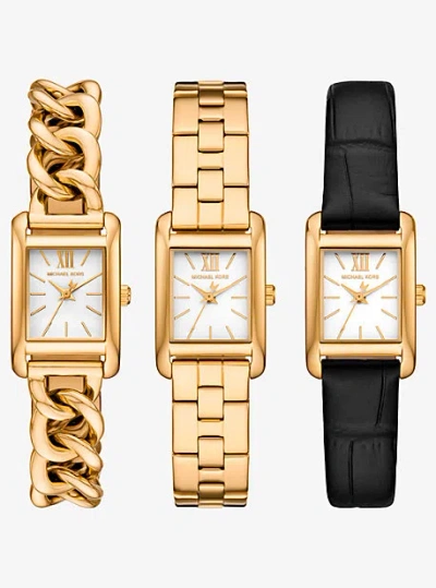 Michael Kors Petite Monroe Gold-tone And Crocodile-embossed Leather Watch Strap Set In Black