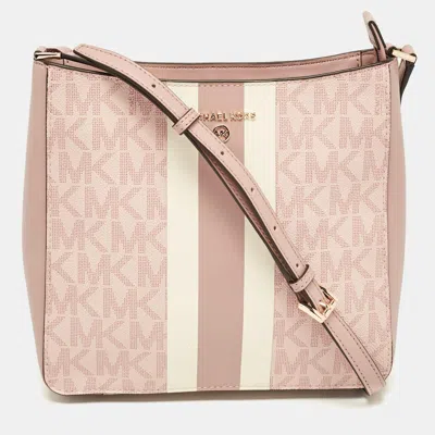 Pre-owned Michael Kors Pink Center Stripe Gloria Signature Coated Canvas And Leather Crossbody Bag
