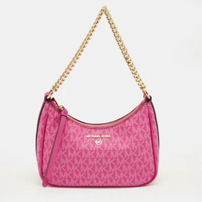Pre-owned Michael Kors Pink Signature Coated Canvas And Leather Jet Set Charm Pochette Bag