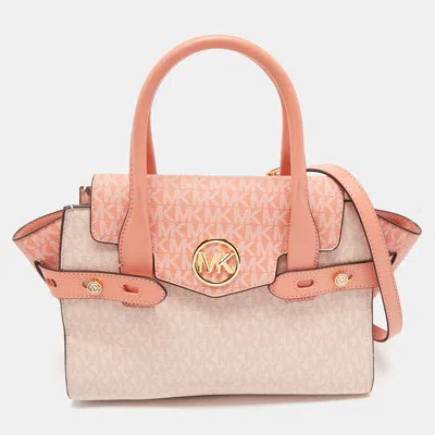 Pre-owned Michael Kors Pink/peach Signature Coated Canvas Medium Carmen Flap Satchel