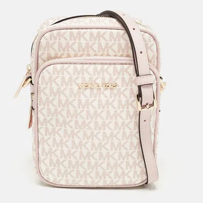Pre-owned Michael Kors Pink/white Signature Coated Canvas Medium Jet Set Crossbody Bag