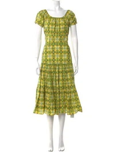 Pre-owned Michael Kors Plaid Print Midi Length Dress In Green