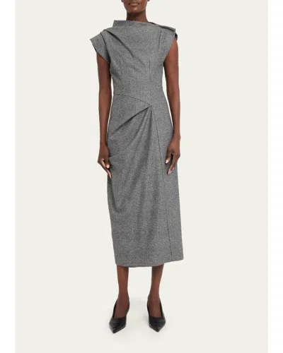 Michael Kors Plaid Wool Draped Midi Dress In Gray