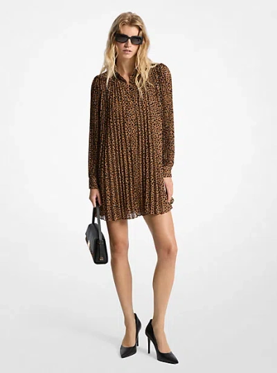 Michael Kors Pleated Cheetah Print Georgette Dress In Brown