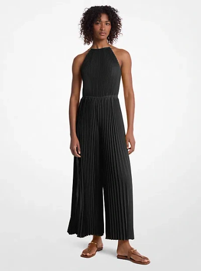 Michael Kors Pleated Embellished Georgette Halter Jumpsuit In Black