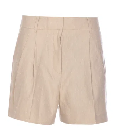 Michael Kors Pleated Linen And Cotton Shorts In Beige