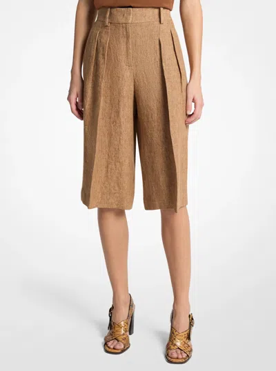 Michael Kors Pleated Linen Trouser Shorts In Brown