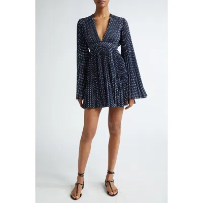 Michael Kors Pleated Long Sleeve Minidress In Midnight/ Optic White