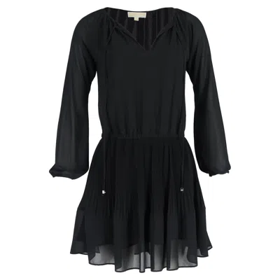 Michael Kors Pleated Mini Long Sleeve Dress In Black Polyester