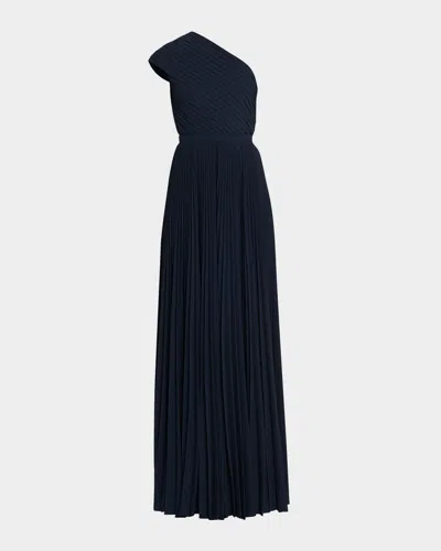 Michael Kors Pleated One-shoulder Gown In Blue