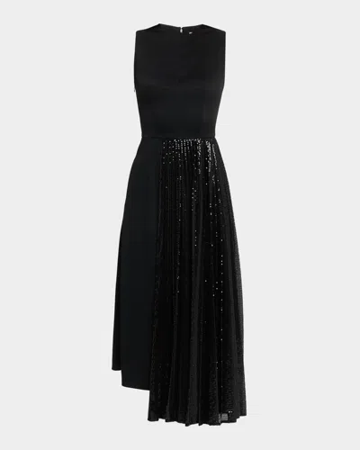 Michael Kors Collection Pleated Sequin Overlay Satin Sheath Dress In Black