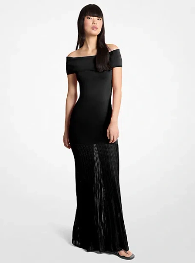 Michael Kors Pleated Stretch Knit Off-the-shoulder Maxi Dress In Black