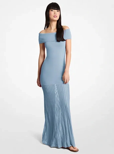 Michael Kors Pleated Stretch Knit Off-the-shoulder Maxi Dress In Blue