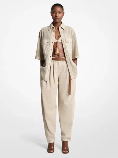 Michael Kors Pleated Suede Barrel Trousers In Natural In White