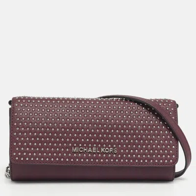 Pre-owned Michael Kors Plum Leather Studded Flap Wallet On Chain In Purple